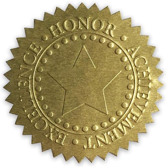 Embossed Gold Foil Certificate Seals - Excellence, Honor, Achievement Award Stickers - 2  Diameter - 24 Pack 24 Pack