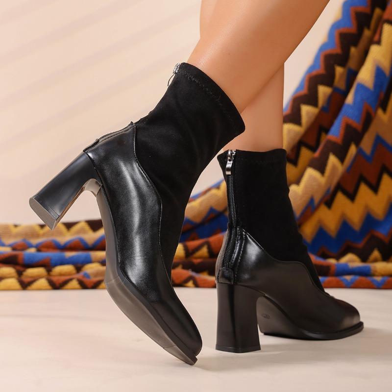 Bottines Vintage à Talons Épais et Bout Carré pour Femmes Fermetures Éclair Arrière Automne Hiver Chaussures à Talons Hauts Dames Élégantes Amincissantes Bottines Courtes