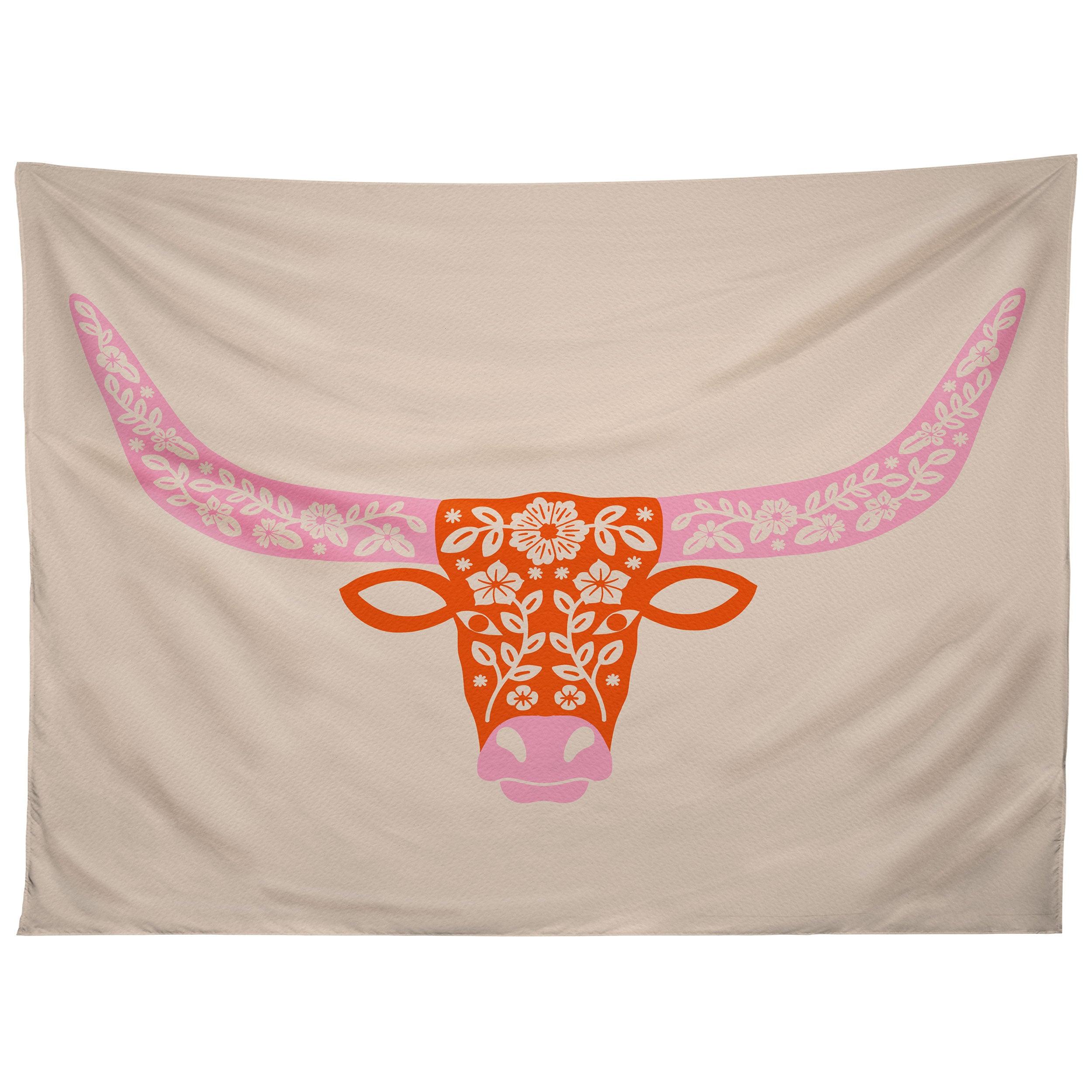 FLORAL LONGHORN PINK AND ORANGE tapestry 75x100