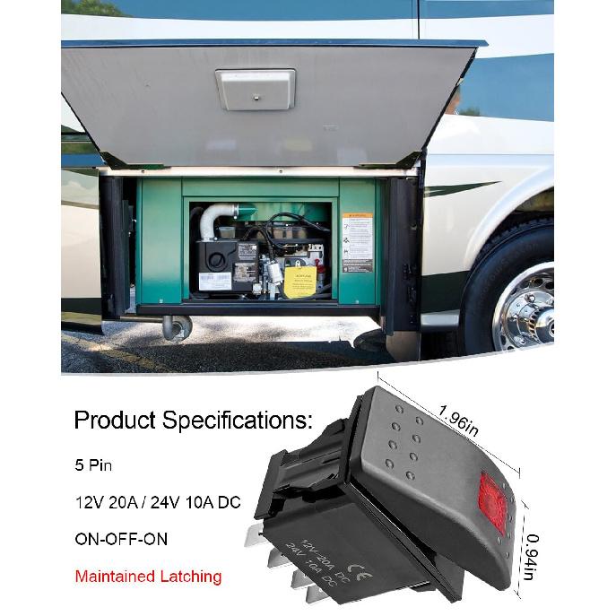 308-1062 5Pin Rocker Switch ON-Off-ON 12V 20A / 24V Fit for Onan Cummins RV | Maintained Latching, 12V 20A / 24V 10A, Remote Start Switch Fit for