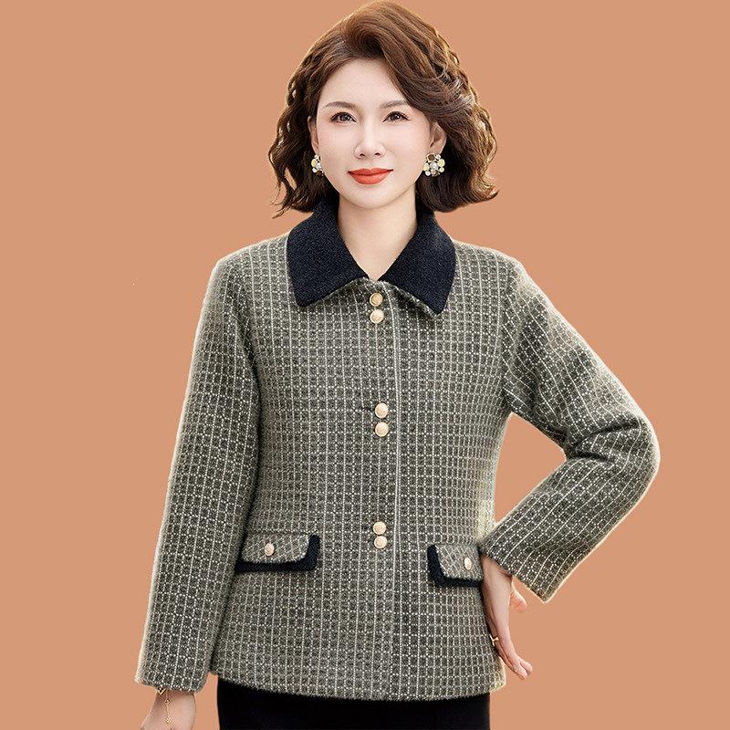 Mid-aged Women's Spring Plaid Woolen Coat - Stylish Lapel Top for Middle-aged & Elderly