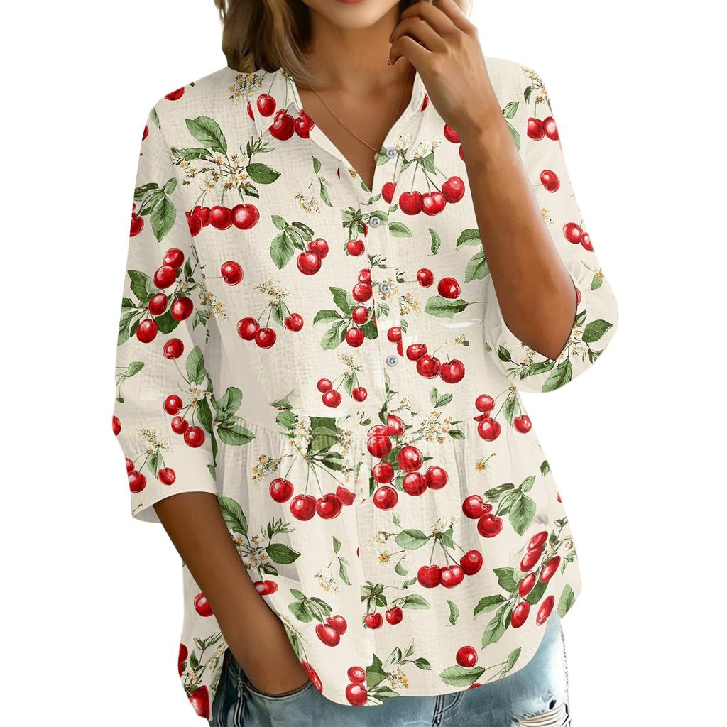 Damen Knopfleiste Hemd Vintage Blumenmuster Dreiviertelärm Lockerer Schnitt Bluse mit Kragen Lässig Leichtes Oberteil