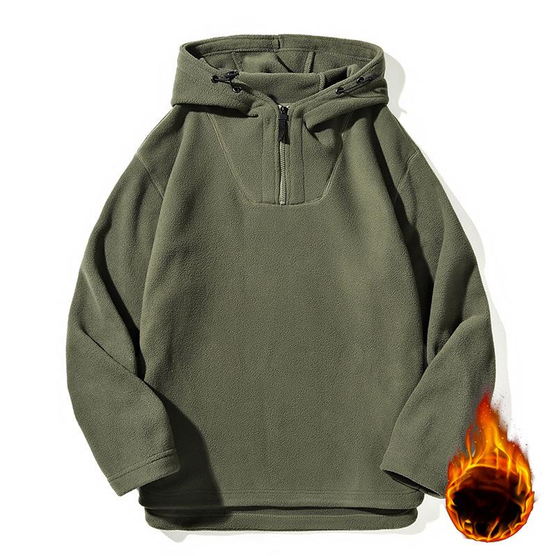 Fleece Jacket Autumn and Winter Men Loose Semi Zipper Plus Velvet Warm Hooded Sweatshirt Jacket Men