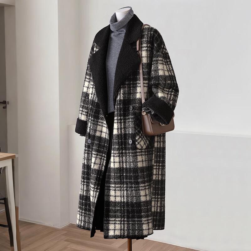 Sibaishi Women's Lazy Style Contrast Plaid Loose Wool Blend Coat