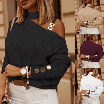 Autumn and Winter Fashionable and Sexy Slanted Shoulder, Chain Button Decorative Long-sleeved Top