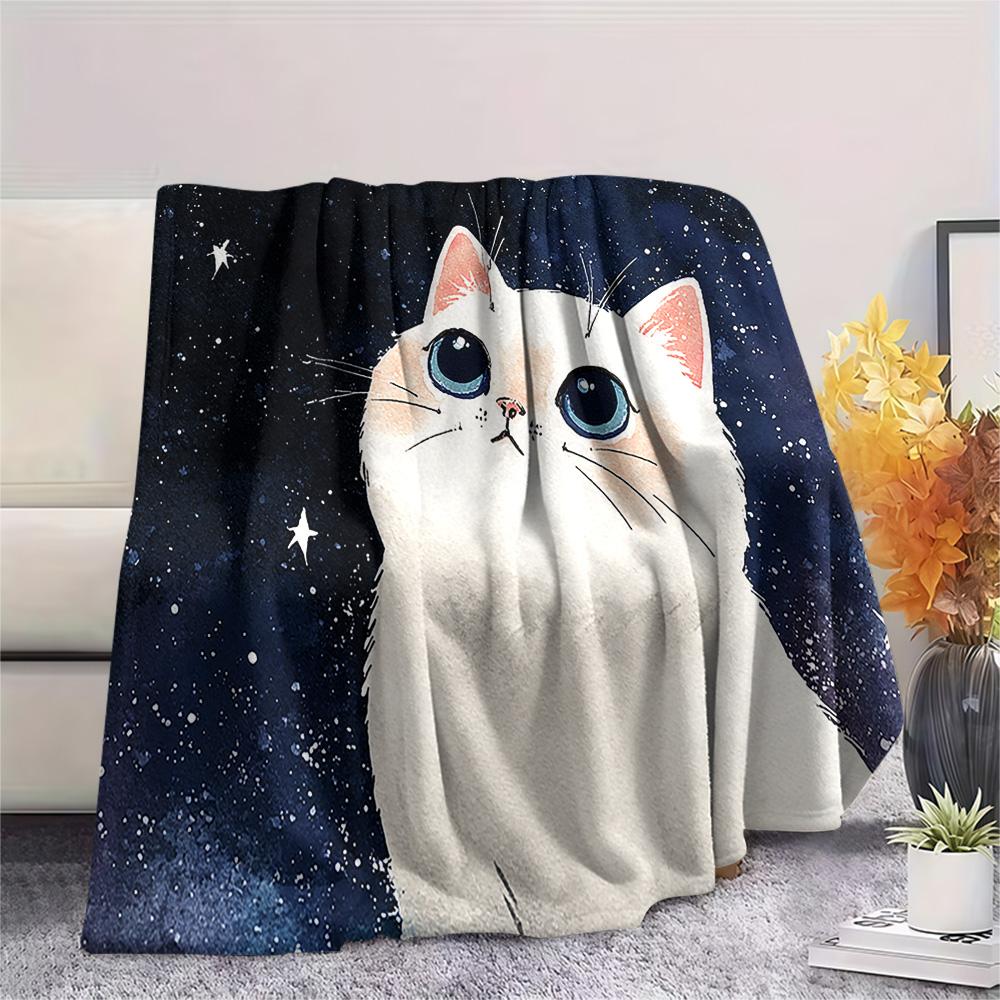 White Cat Print Flannel Blanket, High quality Comfortable for All Seasons, Home Decor, Warmth and Comfort, Perfect for Christmas Gifts