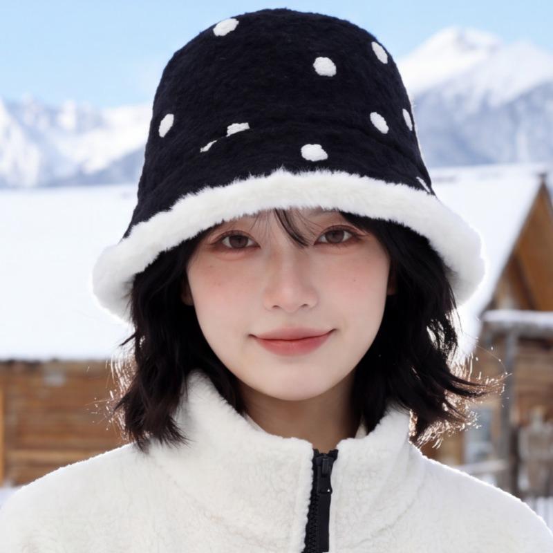 Women S Warm Fleece Knit Bucket Hat Polka Dot Korean Style Fashionable Hat