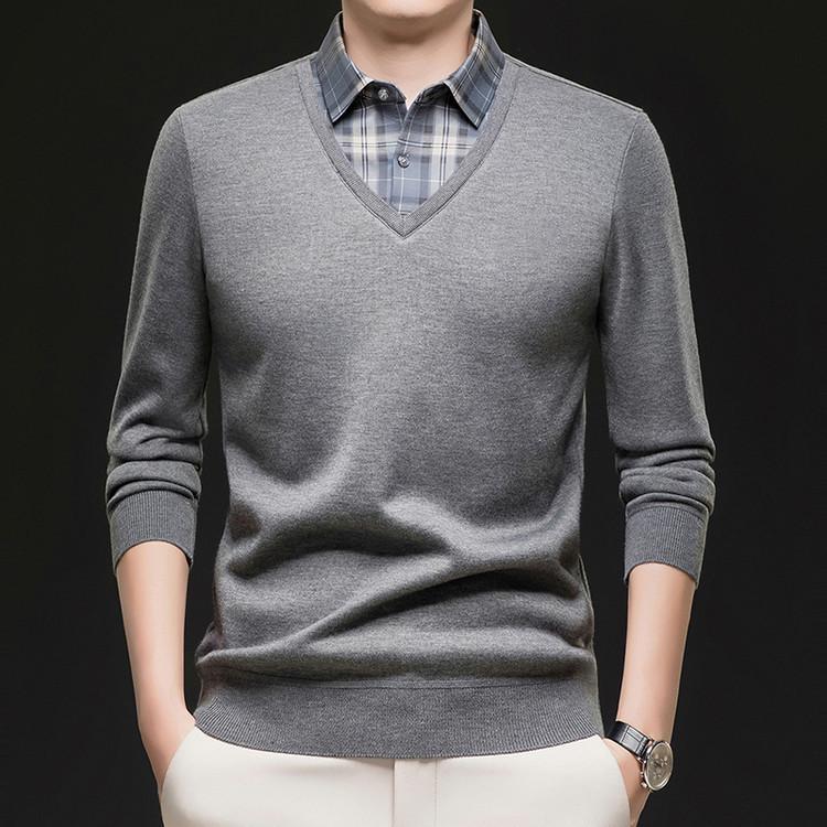 Men's Autumn/Winter Fake Two-Piece Knit Sweater with Velvet Warm Shirt Collar