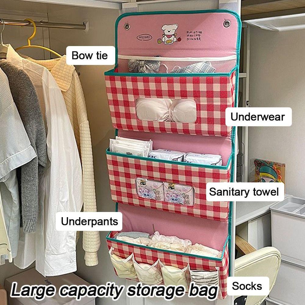 Cartoon Wall Hanging Storage Bag Foldable with Pockets Hanging Baskets 3 Layer Grid Hanging Bag for Dormitory Bedroom