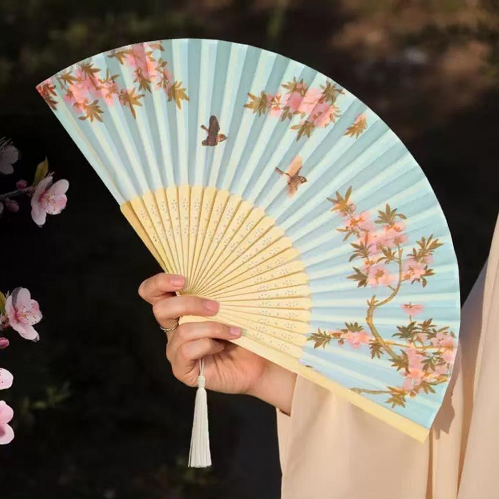 Summer Flower Bird Print Folding Fan Chinese Style Retro Tassel Bamboo Hand Held Fan Dancing Perform Decoration Craft Faux Fans