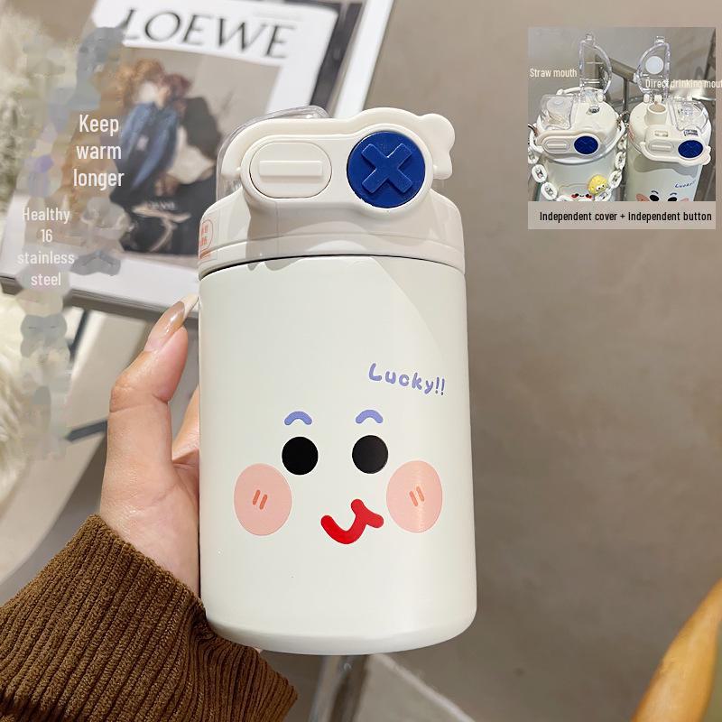 Cute Cartoon Coffee Thermos Cup with Double Spout, Straw, and 316 Stainless Steel - Ideal for Girls