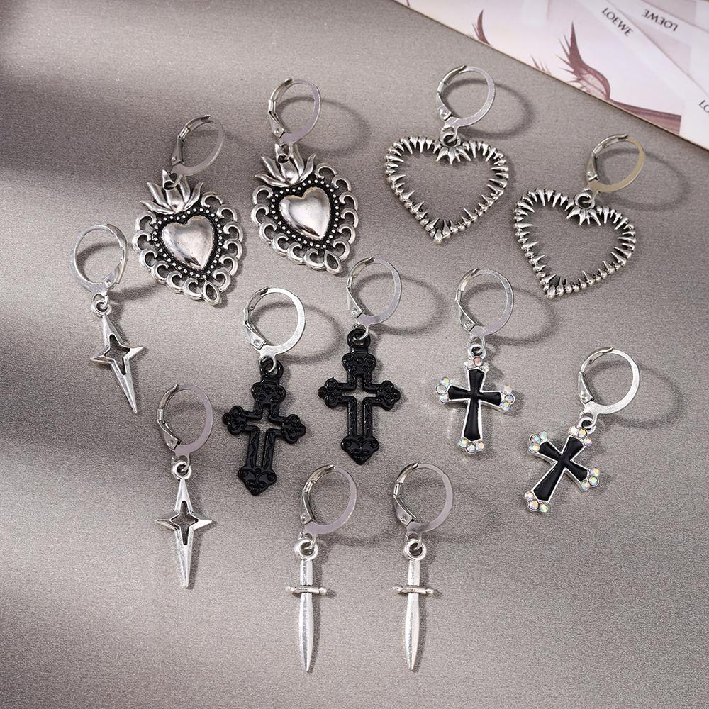 6pairs Gothic Cross Pendant Earrings for Women Men Love Heart Dangle Earrings Metal Punk Jewelry Gifts