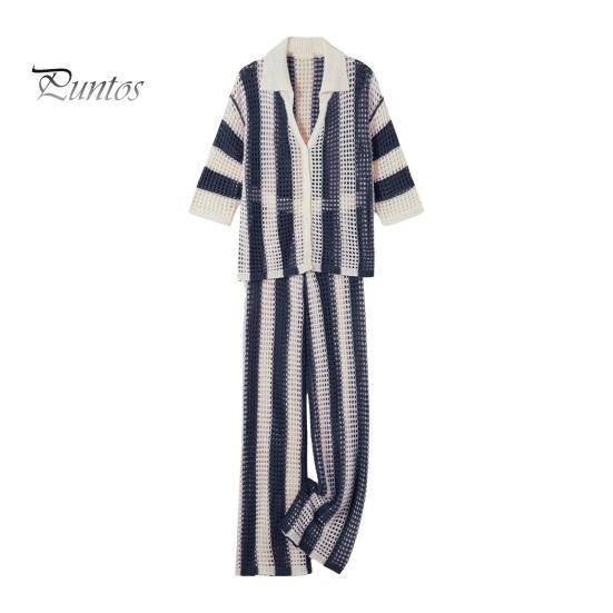 

2 шт./компл., женская рубашка и брюки, комплект трикотажных полых V-образным вырезом, однобортная блузка с рукавами три четверти, высокая талия, широкие брюки, пляжный наряд S синий