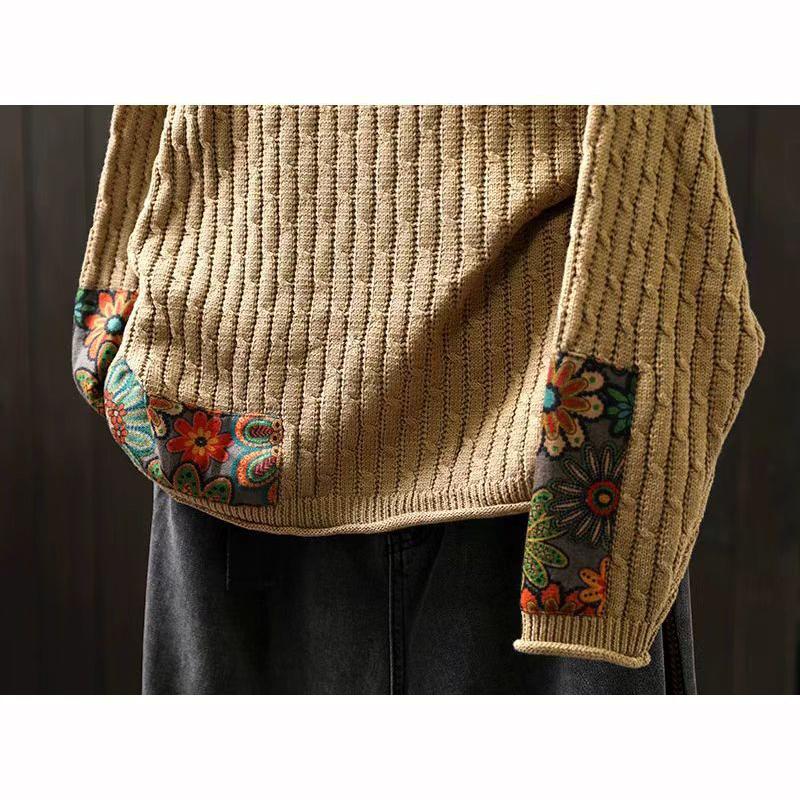 Winter Fall Fashion Vintage Sweater Women's O Neck Loose Casual Lazy Style Casual Pullover Flower Print Patchwork Knitwear