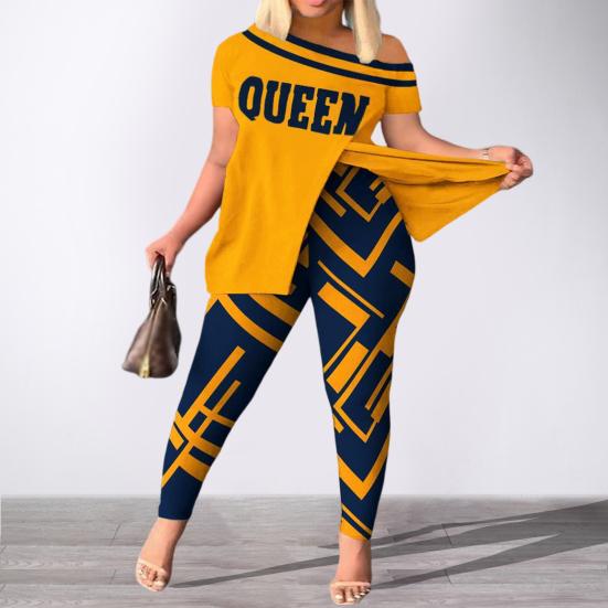 

2 шт. / Комплект Простой короткий рукав 3D Раскрой Женский наряд Лицо Узор Футболка Узкие брюки Комплект уличной одежды