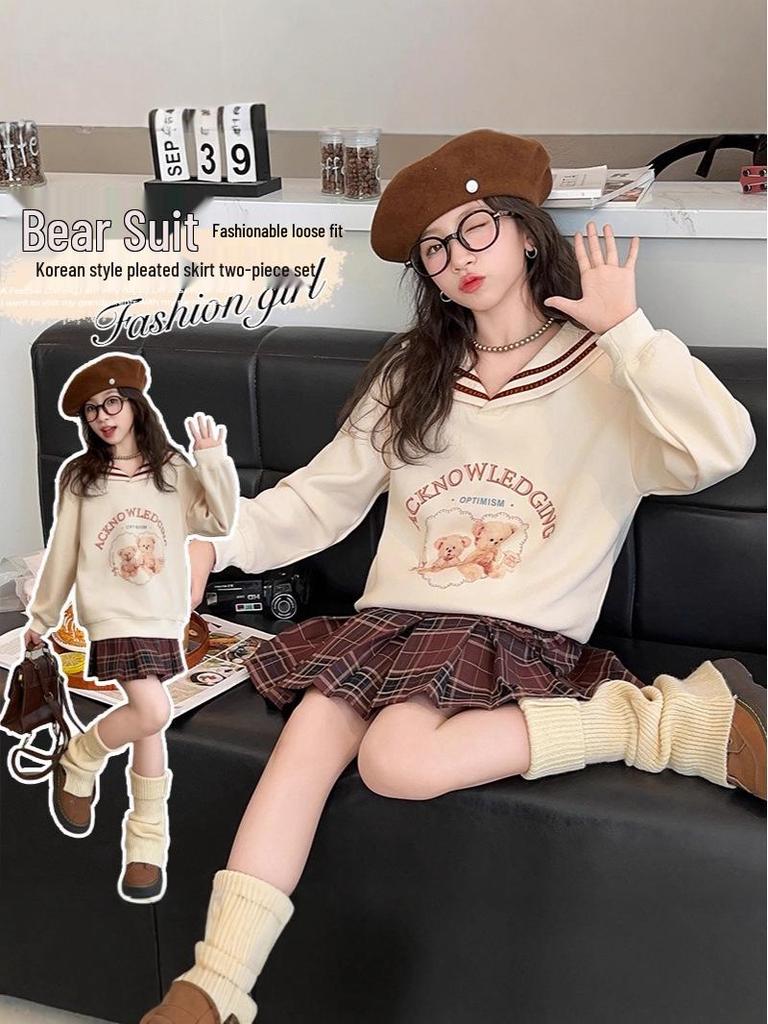 Girls' 2025 Korean Style Spring Outfit: Long Sleeve Sweatshirt & Pleated Skirt Set