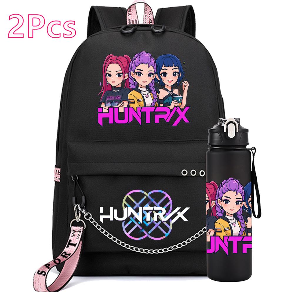 2Pcs/set Anime Cute Kpop Printed Backpack with 750Ml Water Bottler for Teenager Girl Boy Bookbag Kid Gift Large Capacity Travel Bag Rucksak