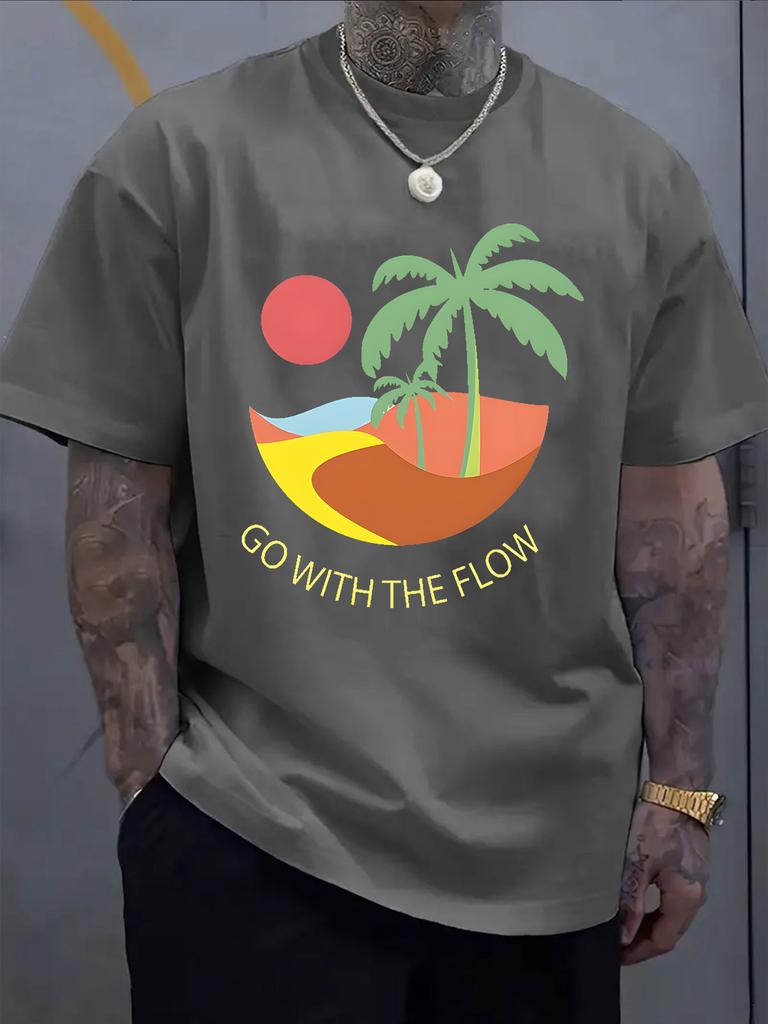 Unisex Vintage Beach Palm Tree Sunset Slogan Print Crew Neck Short Sleeve Oversized Loose Casual Summer Streetwear Basic Daily Tee