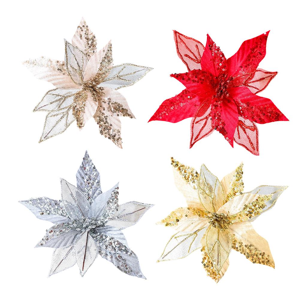 Gorgeous Large Glitter Poinsettia Flower Ornament for Christmas Tree Wedding Decoration 23 by 21 Cm Sparkling Petals