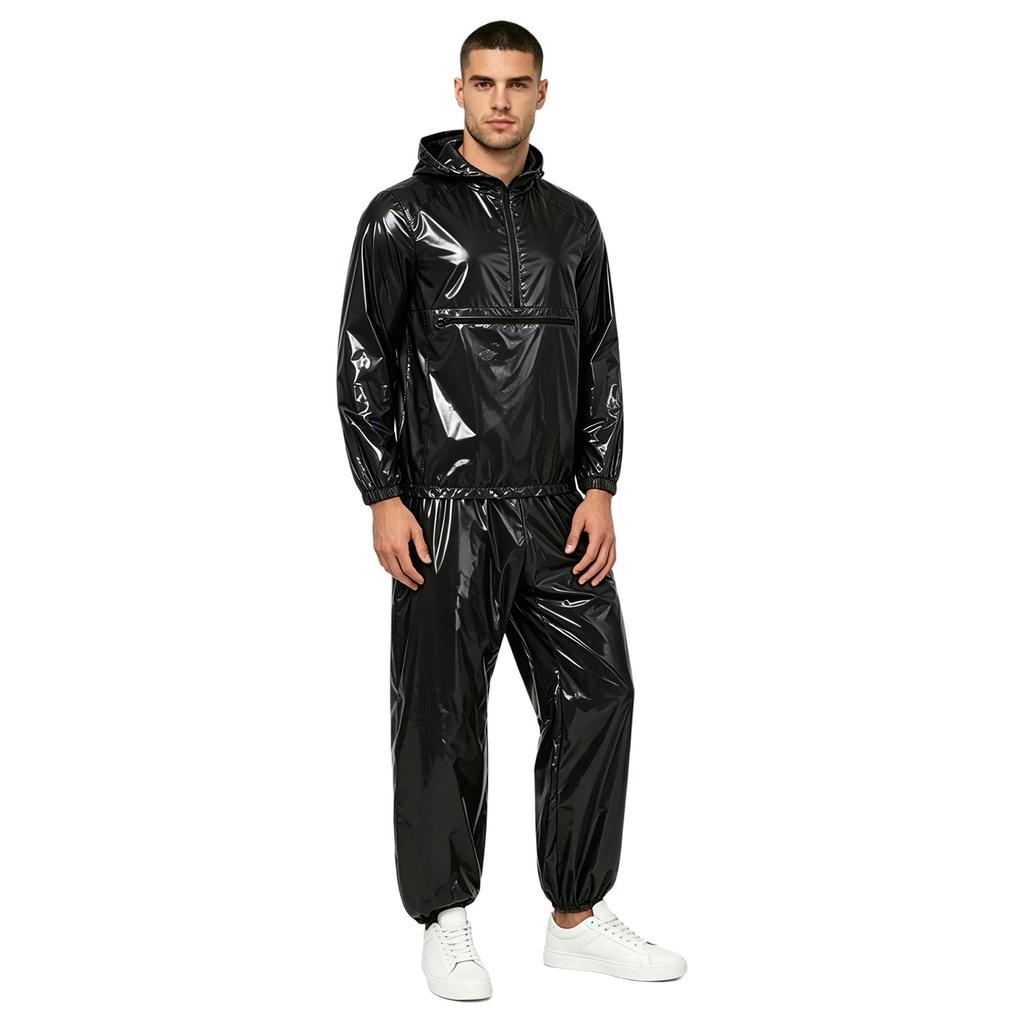 Men Waterproof Hip Hop Dance Outfit Long Sleeve Hooded Jacket with Jogging Pants Raincoat Windbreaker Streetwear Dancewear