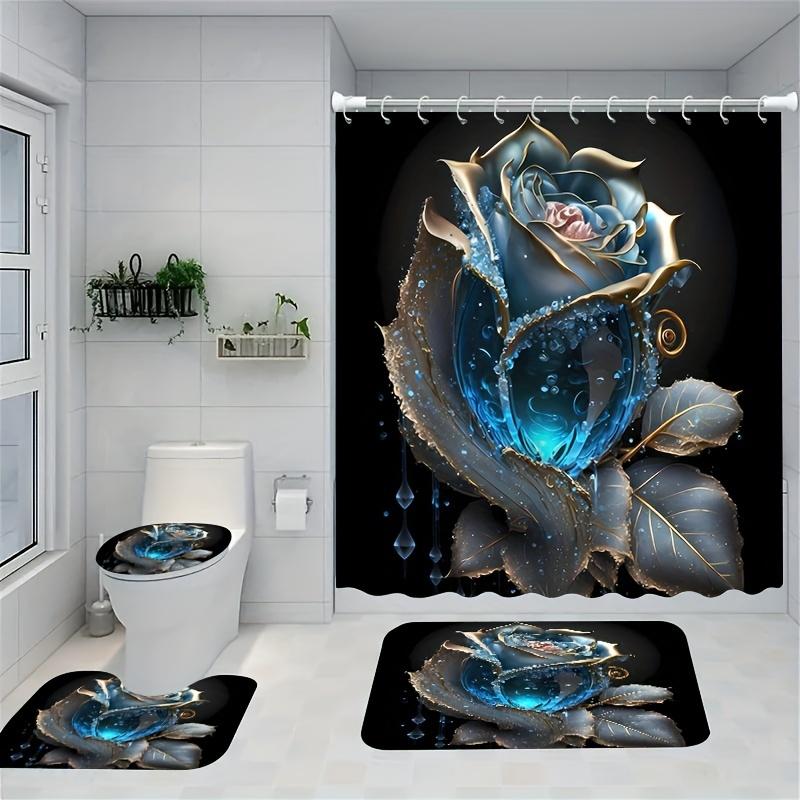 

Mystical Blue Rose Fantasy Bathroom Set - Waterproof Shower Curtain, Elegant Toilet Lid Cover, Soft Bath Mat, and Contour Mat