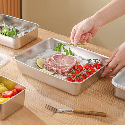 Stainless Steel Square Plate With Lid Rectangular Food Storage Pan Commercial Dish Tray Large Refreshing Lunch Box Container