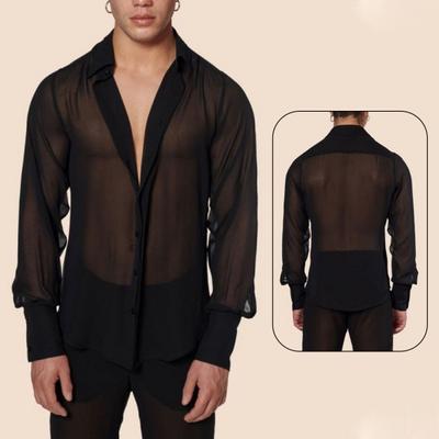Camisa preta transparente para homens, camisa de malha transparente, mangas compridas finas, gola em V, lapela, camisa fashion, camisa de um botão, sexy, roupa de balada