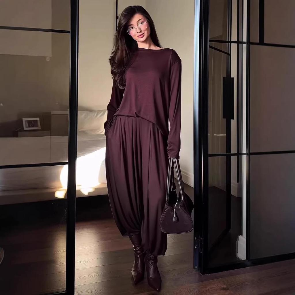 Spring 2026 Women's Solid Color Loose Long Sleeve Top & Wide Leg Pants Suit