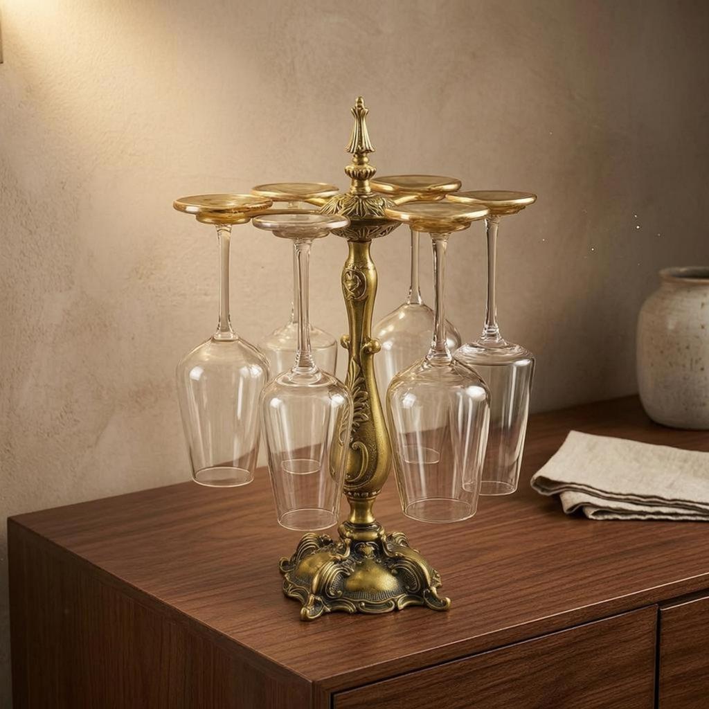 Stemware Rack Antique Style Grape Glass Brass Colored Hanging Holder for Home Bar,