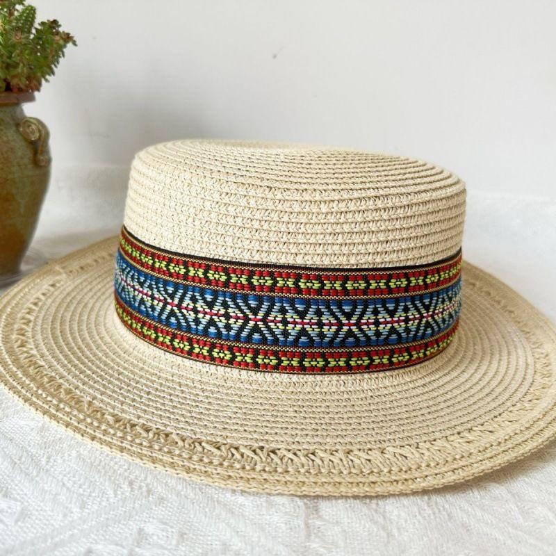 Spring and Summer Hat Ethnic Style Hat Summer Hat Republic of China Style Retro Internet Celebrity Flat Top Weaving Retro Summer Hollow