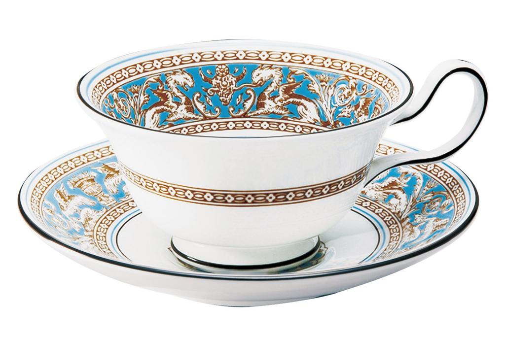 [Officially Imported] Wedgwood Florentine Turquoise Teacup & Saucer Pair with Peony Design, Perfect for Weddings and Gifts, 1053244