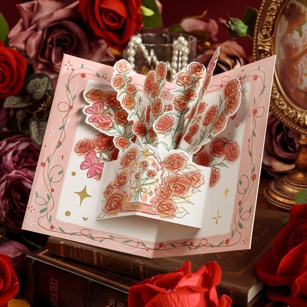 Surprised Pop Up Love 3D Greeting Card with Envelope Flower Greeting Card Rose Thank You Card Valentine's Day