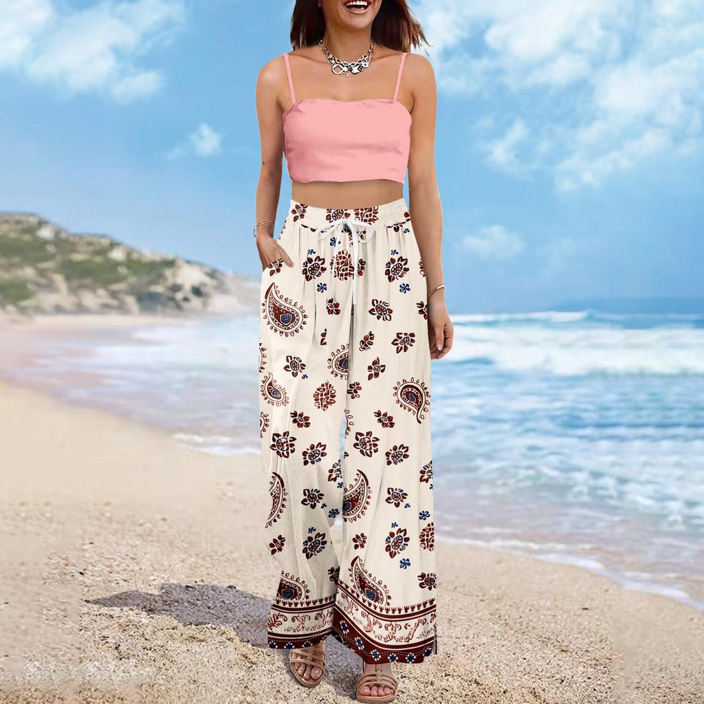 Dames zomer boho palazzo broek met hoge taille, wijde pijpen en bloemenprint, casual broek met zakken