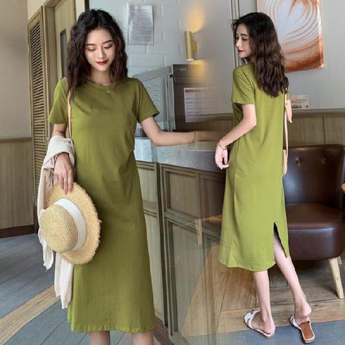 2026 summer new medium and long t-shirt loose and thin over the knee short-sleeved avocado green dress