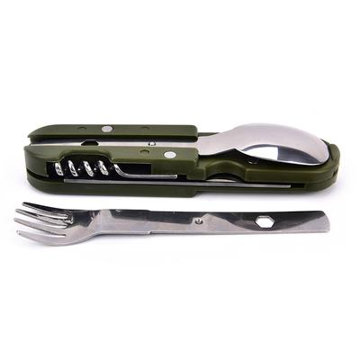 2025 Outdoor Portable Army Green Folding Camping Cutlery Knife Fork Spoon Bottle Opener Tableware Stainless Steel Pocket Cutlery