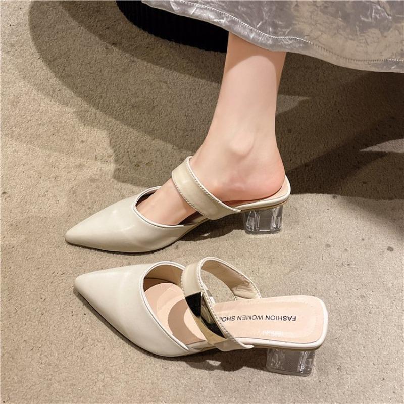 Baotou matcha high-heeled sandals spring new one-word pointed fashion single shoes women's thick-heeled slippers