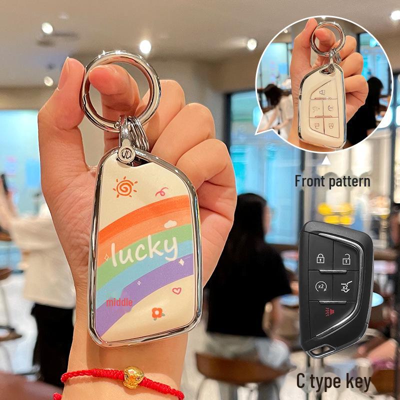 Cadillac CT5 Rainbow Cartoon Pattern Key Cover: Full Package TPU Protective Shell for XT5/XT4/XT6 Model.