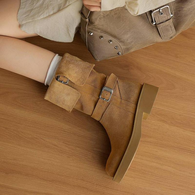 New women's leather boots round head large size women's boots cow anti-velvet square heel round head Martin boots autumn and winter leather medium bo
