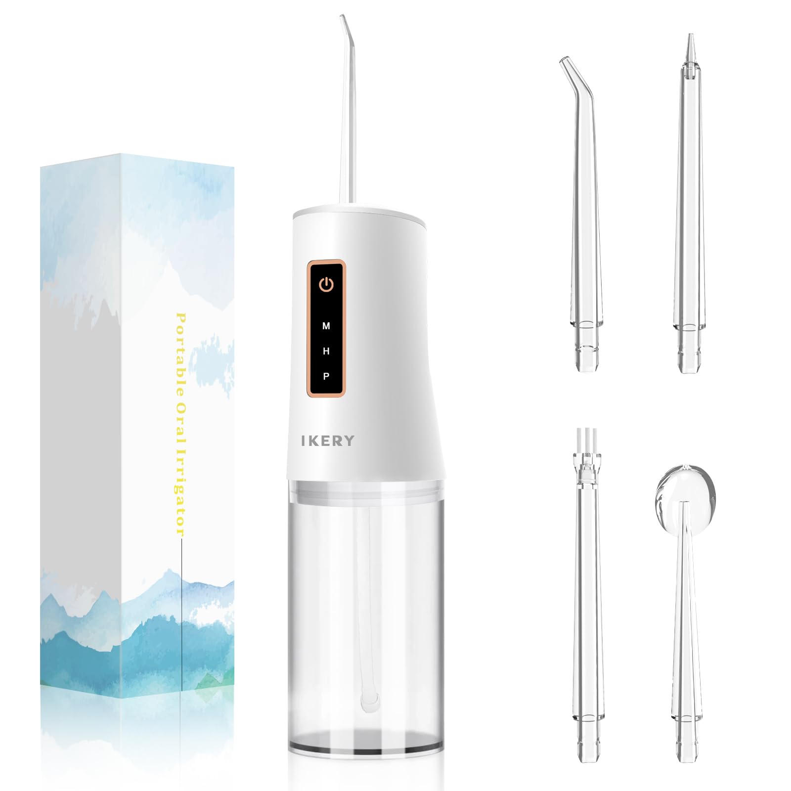 

Ирригатор для полости рта Jet Washer 230 мл Большой резервуар 4 типа насадок 3 режима подачи воды Водонепроницаемый IPX7 Беспроводной USB перезаряжаемый Ирригатор для начинающих белый