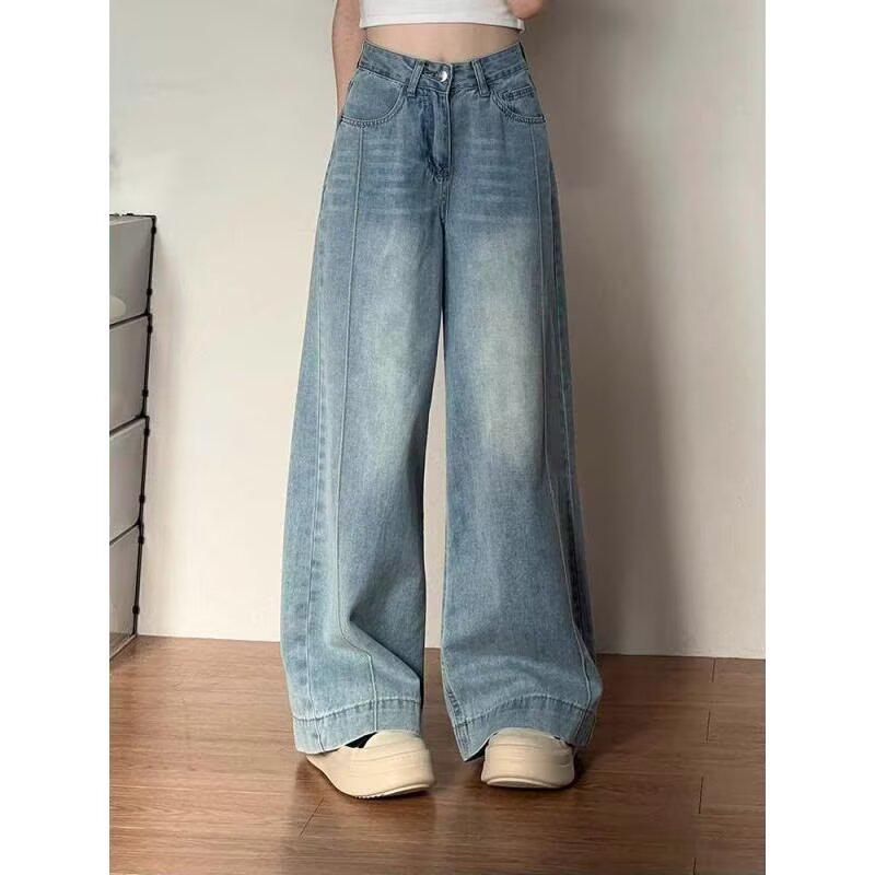 Plus Size Retro Wide-Leg Denim Pants for Women - Autumn Loose Fit, Slimming, Pear-Shaped Body