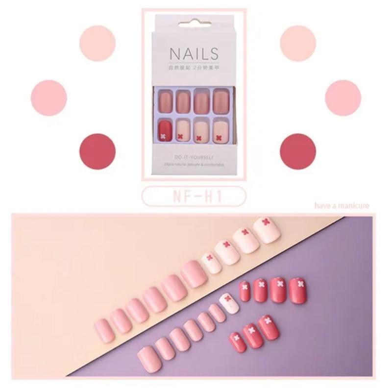 2023 Fake Nails Nail Coffin Stick Designs Box Short Square with Press Glue Tips Art Press On Set Full Cover Artificial