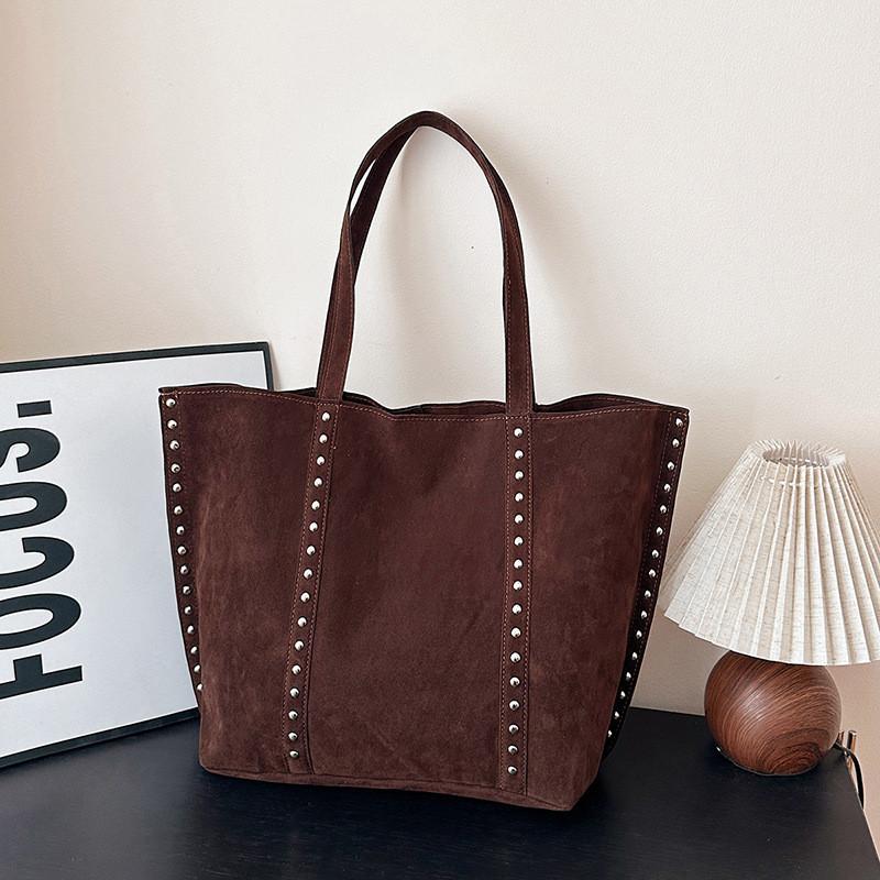 Vintage European Style Leather Corduroy Tote Bag For Daily Use With Magnetic Closure And Interior Pockets