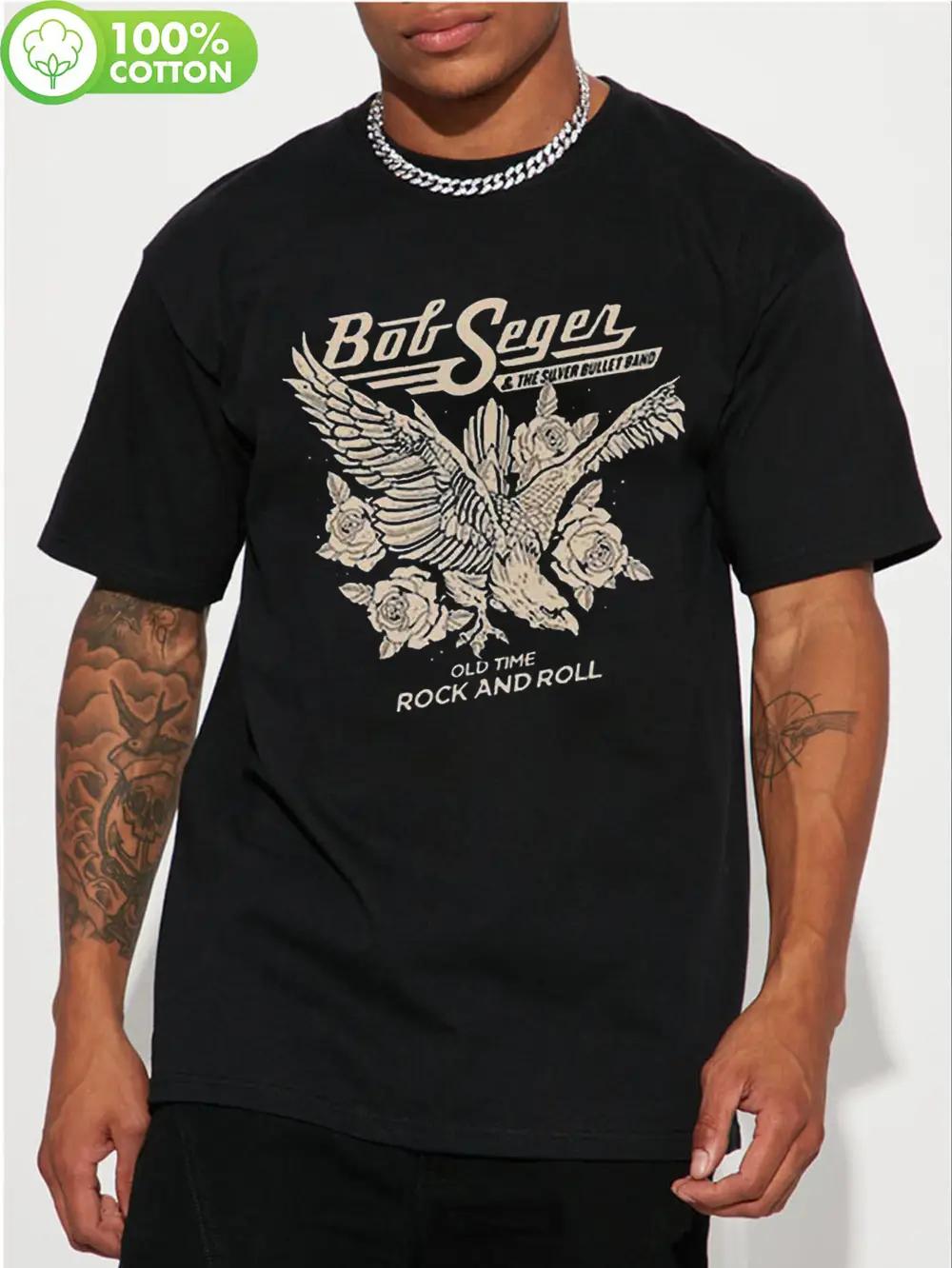 Bob Seger Vintage Rock Band Graphic T-shirt for Men - Black Short Sleeve Cotton Tee with Eagle & Floral Print S