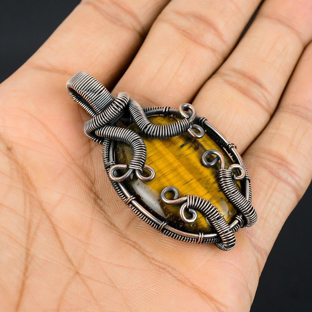 Tiger Eye Pendant, Handmade Gemstone 999 Copper Wire Wrapped Pendant Antique Jewelry, For Gift Silver Jewelry