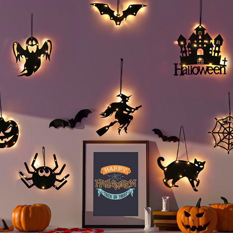 LED Light Up Halloween Hanging Ghost Spider Web Bat Ornaments Halloween Party Horror Props Indoor Outdoor Home Decoration Gifts