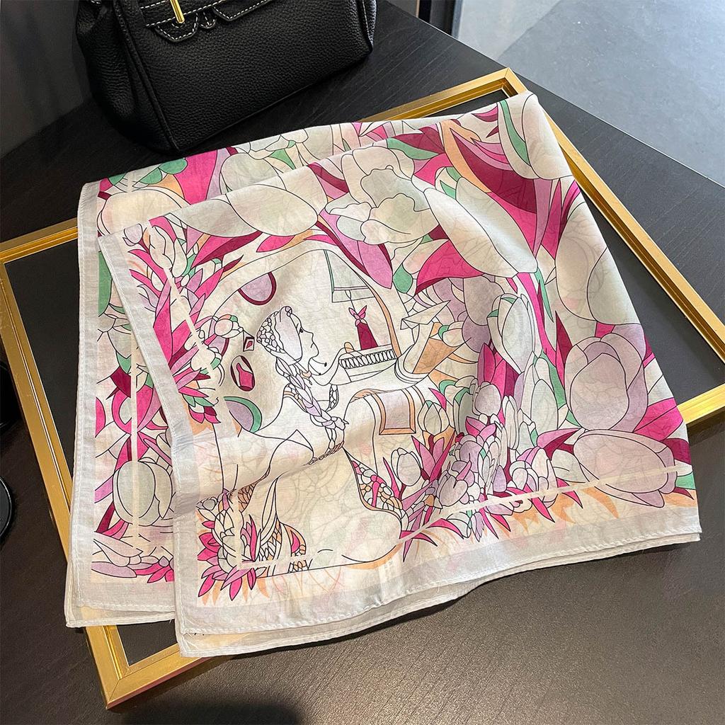 1116 Summer a Variety of Hot-selling Classic Versatile Polka Dot Floral Printing Silk Scarf Thin Sunscreen Silk Cotton Square Scarf