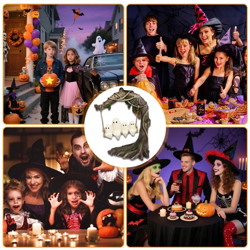 Horror Ghostly on Tree Swing Resins Figurine Unique Halloween Decoration For Shelf Desk Garden Decors Ornament Party Gift