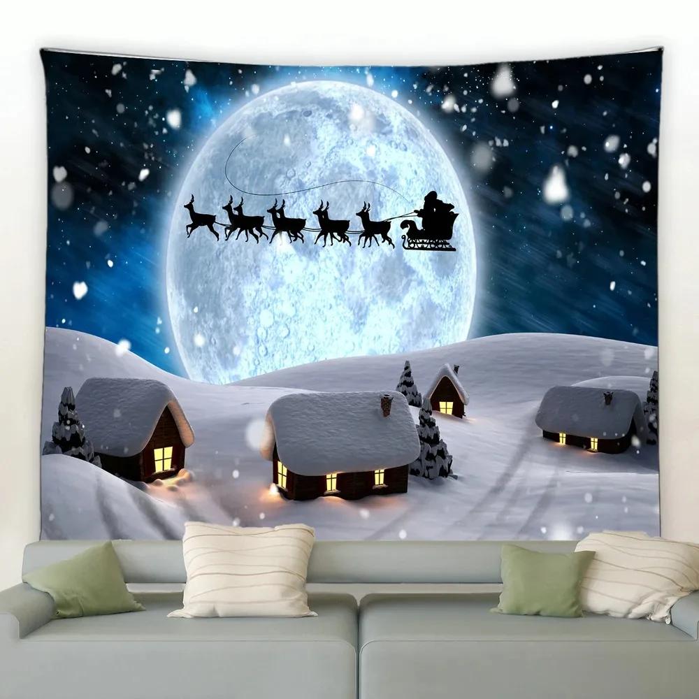 Christmas Cartoon Log House Snowman Tapestry Bedroom Living Room Home Christmas Decoration Tapestry