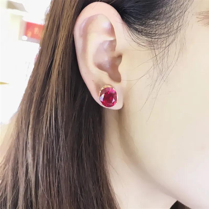 Boucles d'oreilles pendantes ovales classiques en rubis incrusté pour femmes, luxe rouge zircon fiançailles zircon pour cadeau petite amie