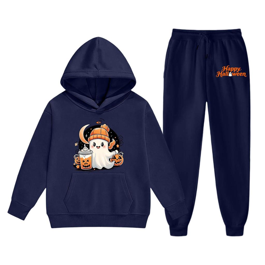 Kids Halloween Hoodie Set Ghost Print Pullover Sweatshirt and Pants Outfit Soft Comfortable Fabric Suitable for Fall and Winter Wear